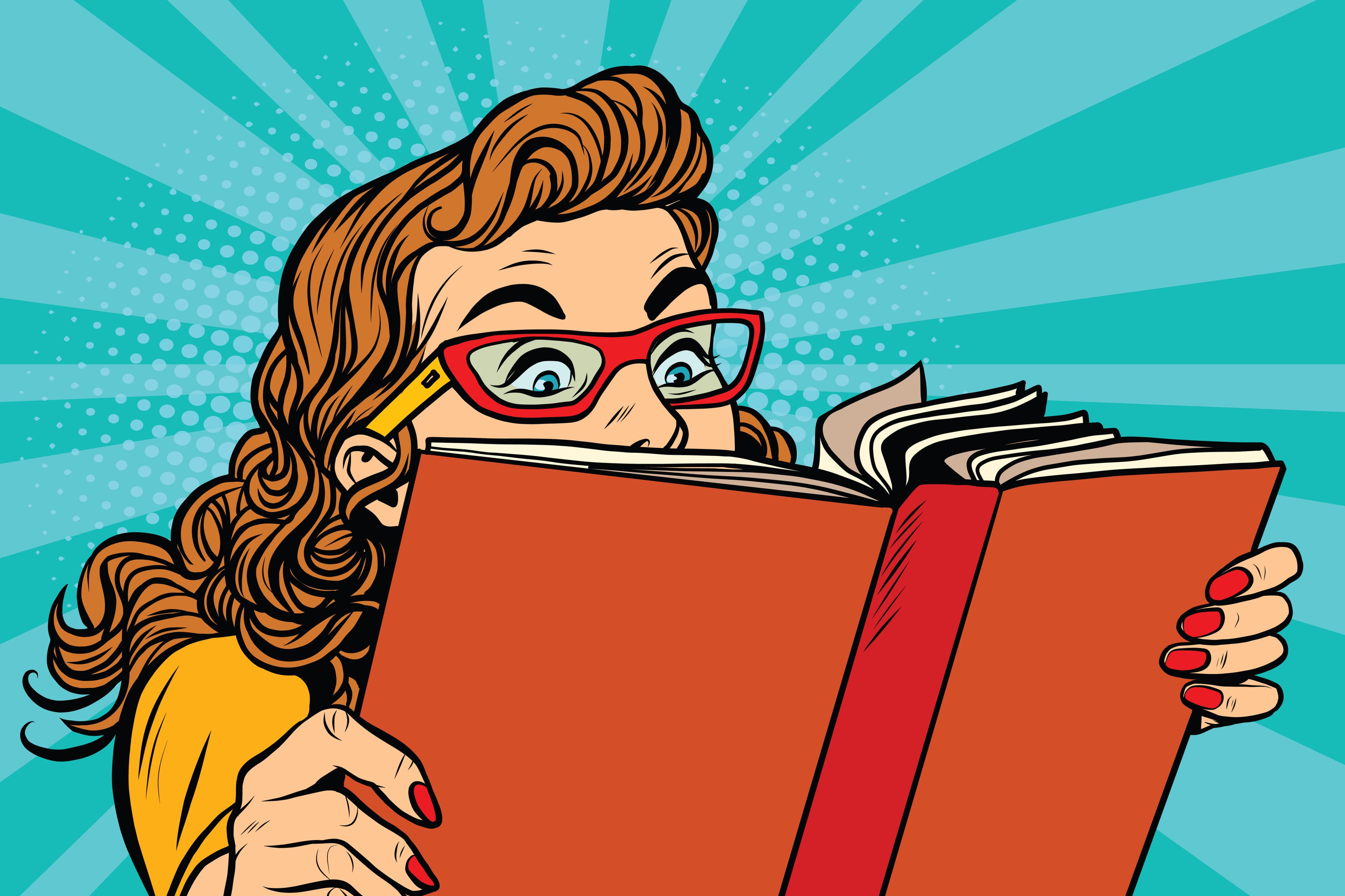 Pop art woman reading book, being surprised